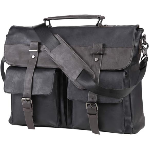 Leather Messenger Bag 17.3 Inch Vintage LargeWater ResistantFor Men (Black)